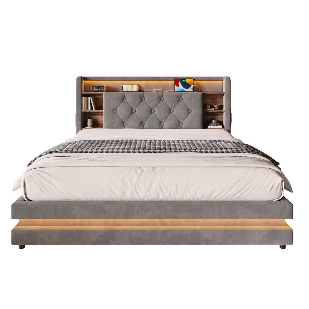 140 × 200 Cm Upholstered Bed with Storage, Velvet Bed with Multifunctional Headboard, LED Lighting, 2 USB & Type-C Port, Hydraulic, Dark Gray