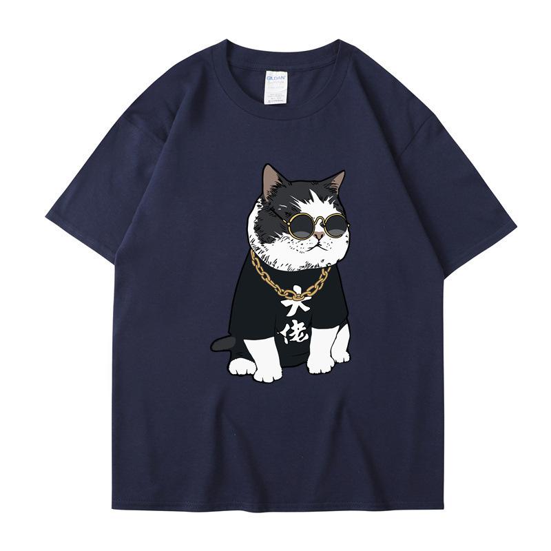 Summer Round Neck Cartoon Cute Big Boss Cat Printed Top Fashionable Casual Pure Cotton Short Sleeved Men's and Women's Unisex T-shirts