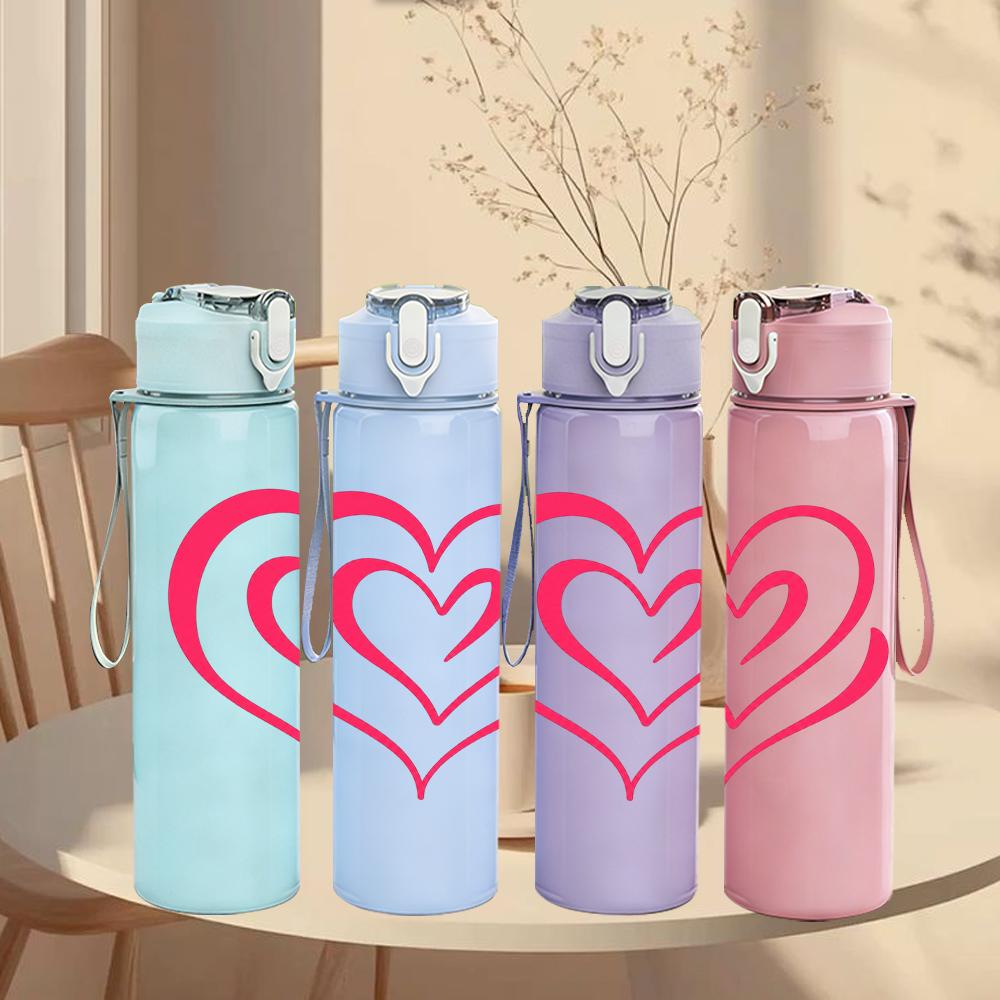 1PC Double Outline Pink Heart 750ml Color Plastic Sports Water Bottle Leakproof Flip Straw Lid Suitable for Sports Office Home Use