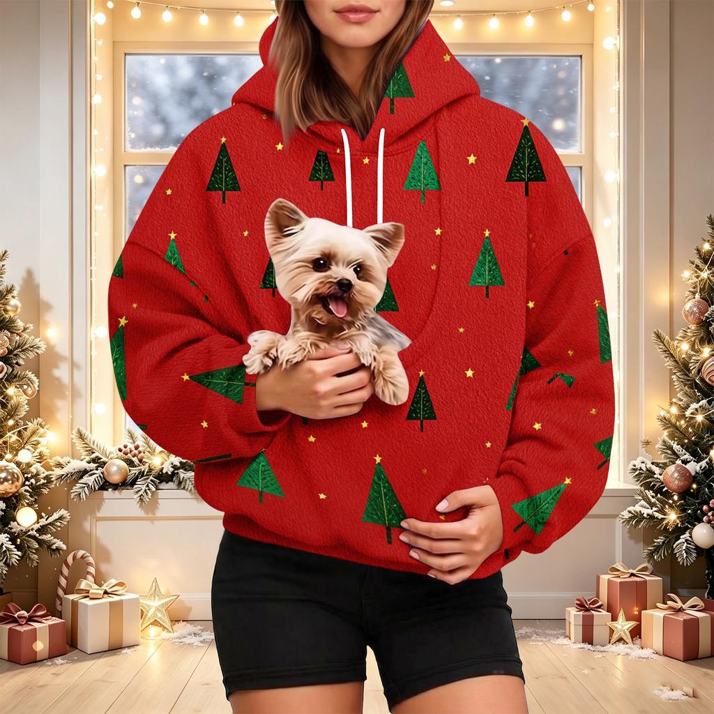 Women's Christmas Print Pet Pocket Hoodie, Fashion Hooded Sweatshirt for Holiday