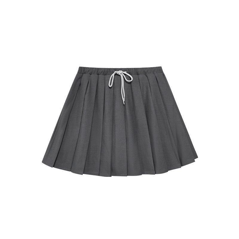 Interpret Beauty Summer 2025 Preppy Pleated A-line Midi Skirt with Drawstring Waist (S5108)