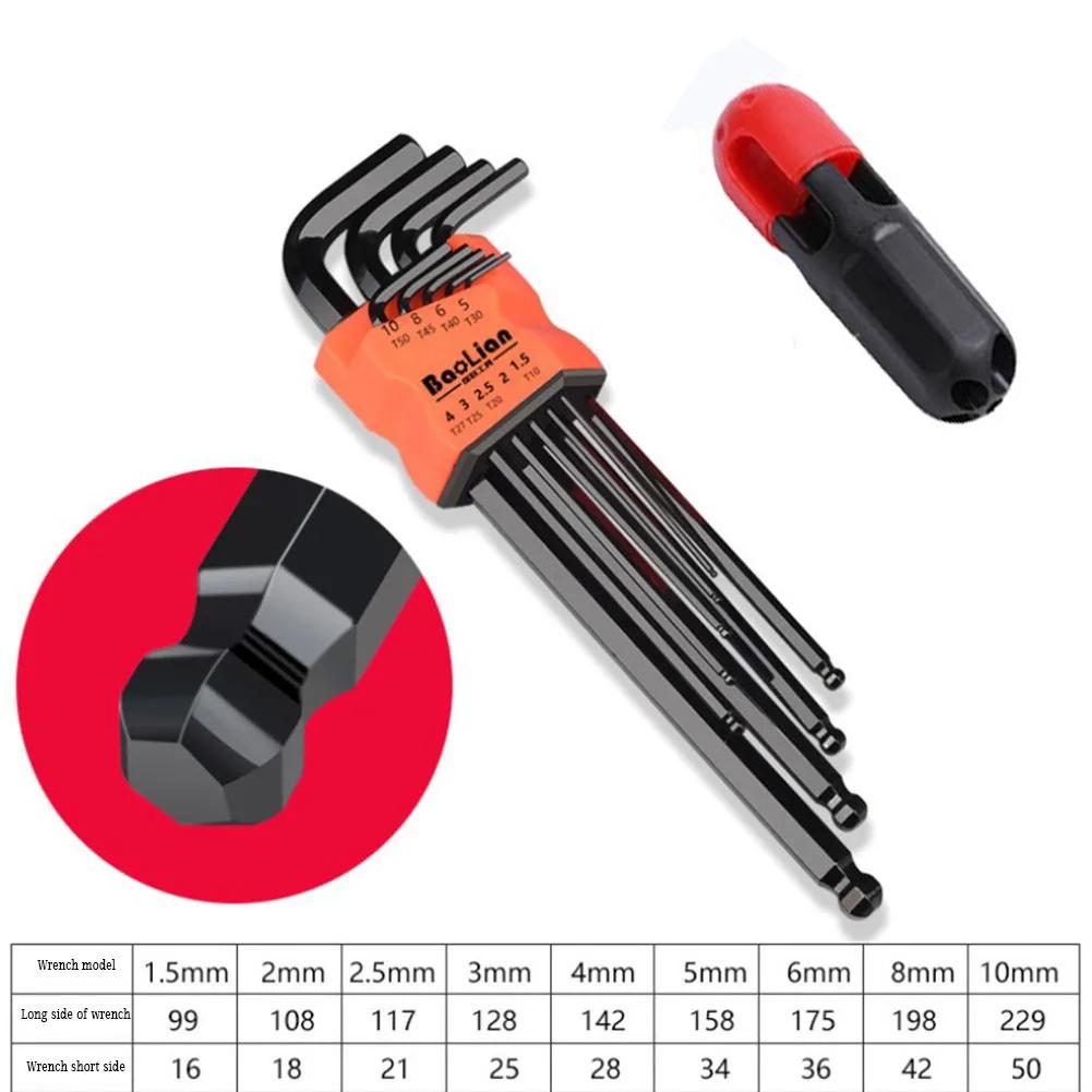9Pcs Hex Wrench Set Allen Wrench Tool Square Wrench Torx Inner Hexagonal Long Ball End L Key 1.5 - 10mm With T-handle