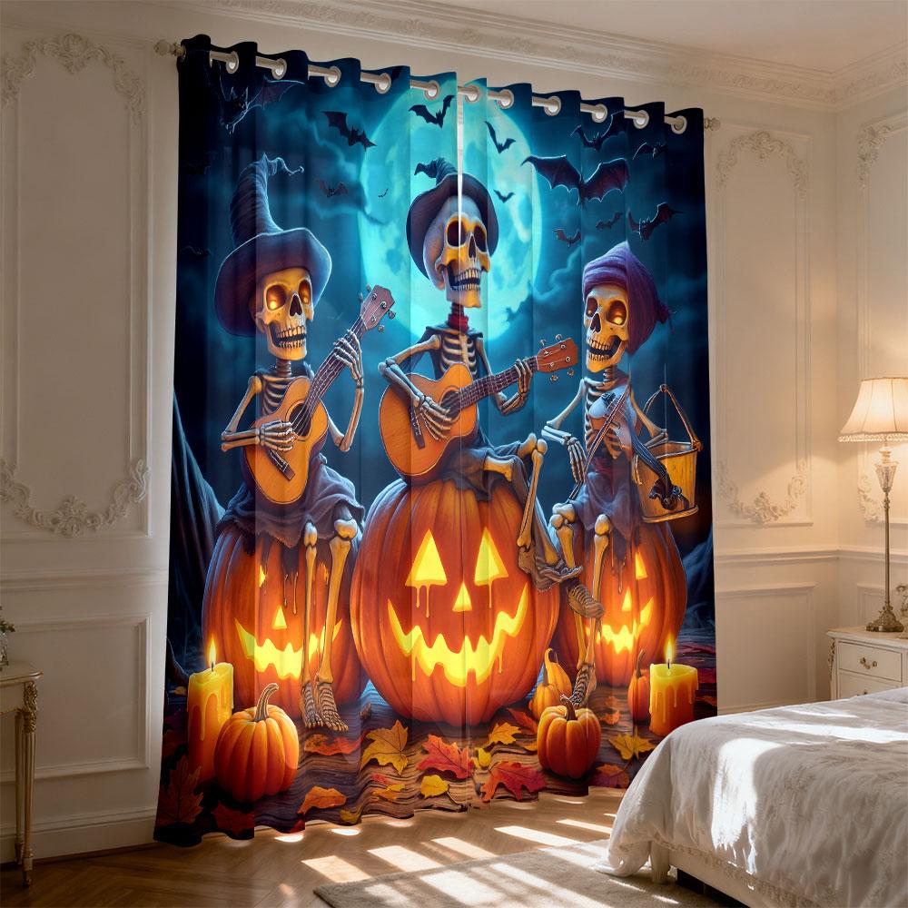 2pcs Halloween Skull Band Pumpkin Moonlight Curtains for Blocking Light in Bedrooms and Home Fashion Decoration