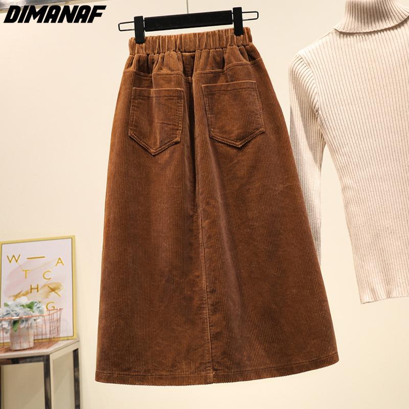 DIMANAF 2025 Plus Size Women Skirts Female Autumn Elastic Basic Corduroy High Slit Oversize Fashion Japanese Dress