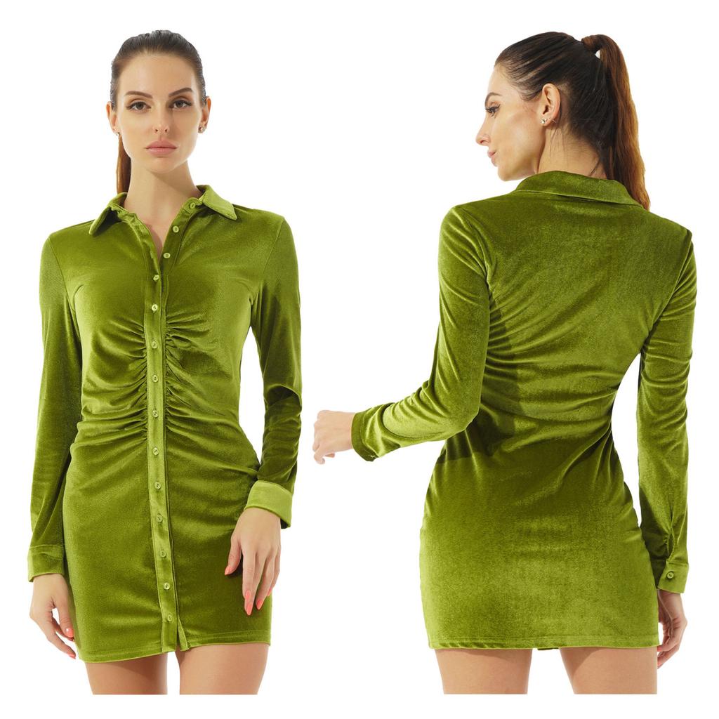 Buy Button Down Ruched Velvet Bodycon 