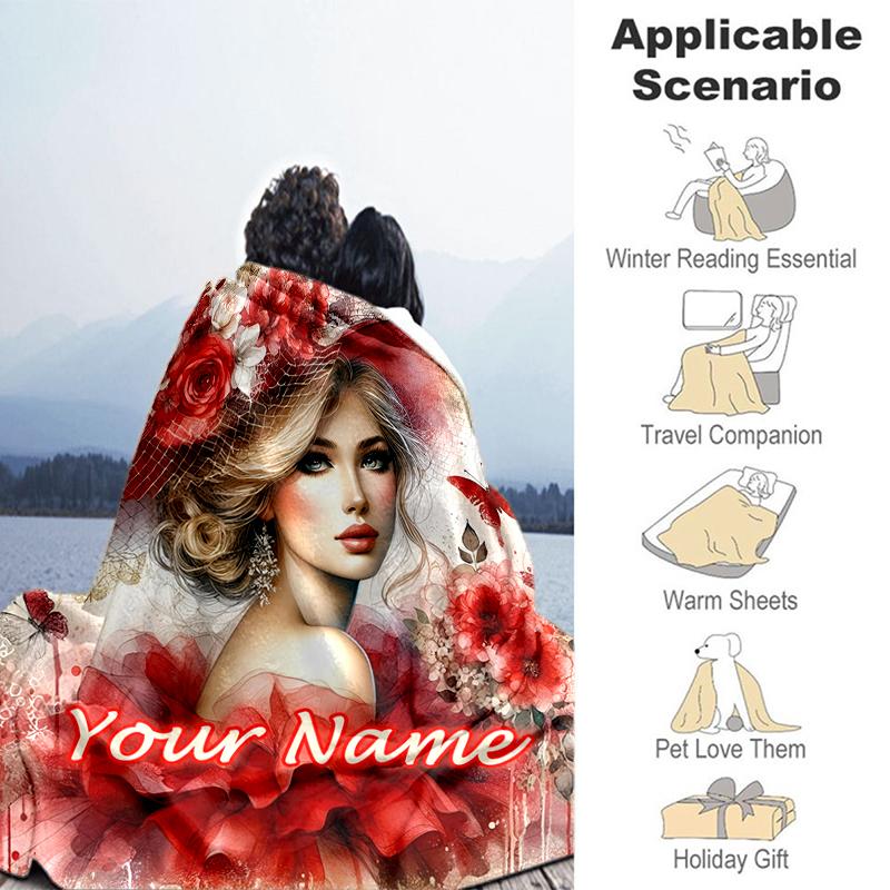 1PC Custom Name Floral Fantasy Portrait flannel blanket versatile,all-season throw suitable for the living room,bedroom,camping,travel,and gift