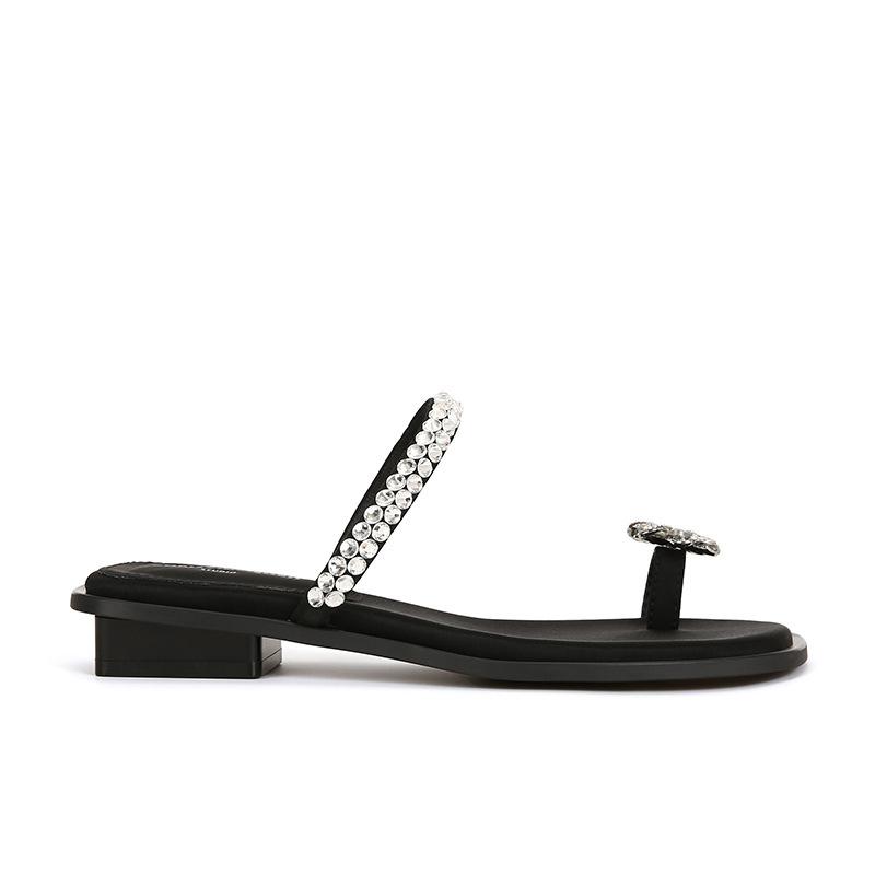 Sheepskin version~ Su Yinyin's same square head rhinestone cover toe flat bottom slippers women's sandals for summer wear