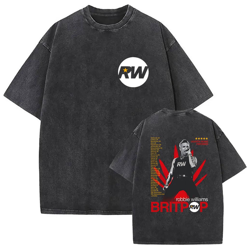 Vintage Washed Robbie Williams BRITPOP Tour 2026 Double Sided T Shirt Men's Women Clothing Fashion High Quality Cotton T-shirts