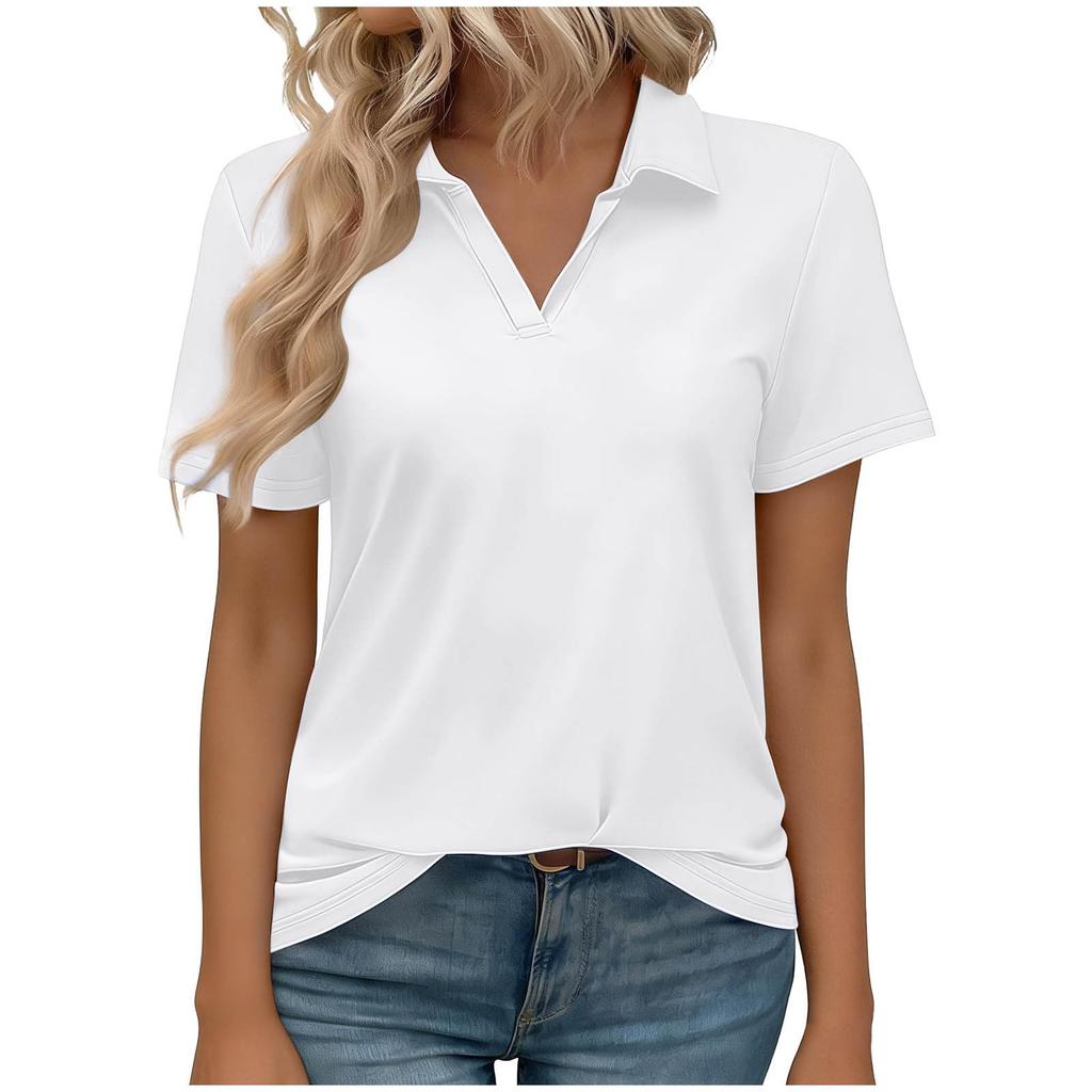 Women’s Short Sleeve Polo Collar V Neck Casual Loose Fit Basic T Shirt Soft Lightweight Top for Daily Wear Work School