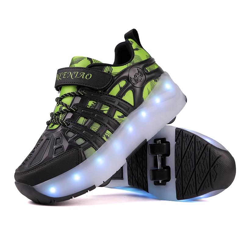 

2025 Kids Led Shoes Four Wheels Roller Skates Children‘s Breathable Mesh Lighted Shoes USB Charging Glowing Casual Walking Flats 40
