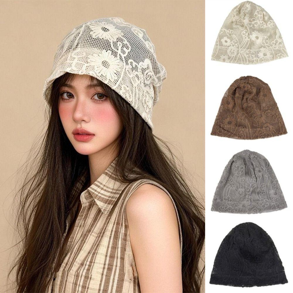 Spicy Girl Hollow Out Beanies Embroidered Weave Knitted Cap Flower Pile Hat  Apparel Accessories