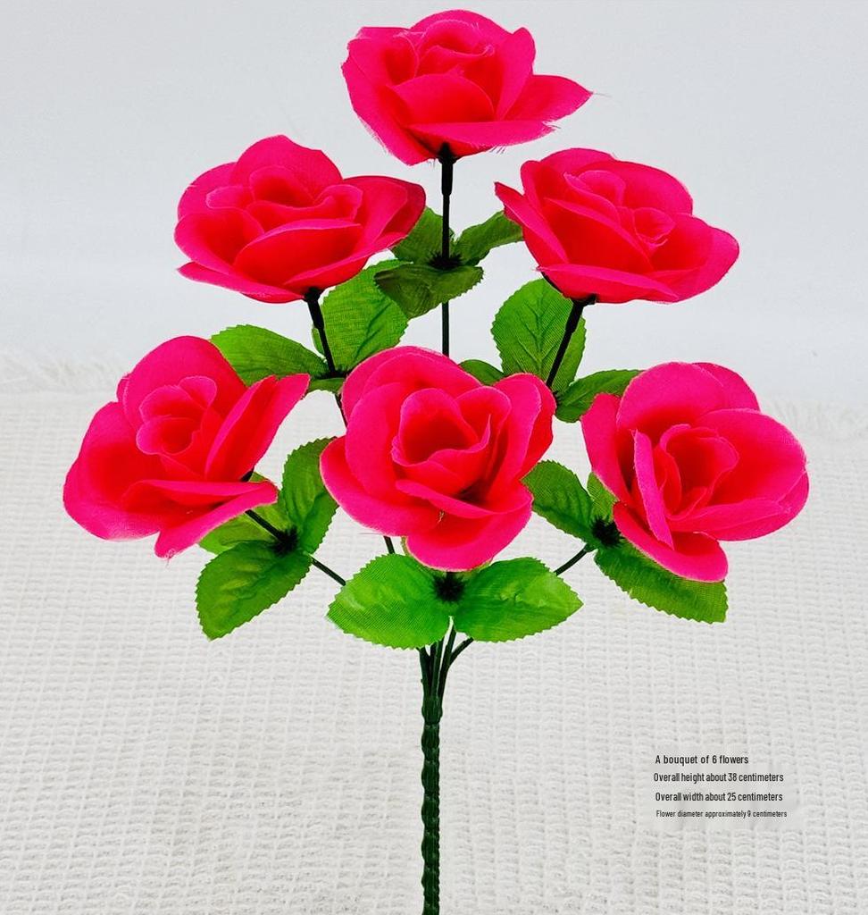 Curly Edge Red Rose Bouquet - 6 Head Artificial Silk Flowers for Living Room Decoration