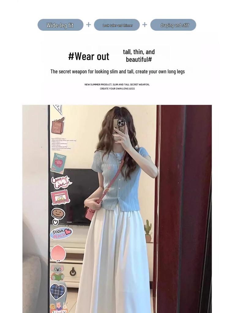 2025 White Ice Silk High-Waist Textured Culottes - Women's Summer Chiffon Wide-Leg Pants, Small Size