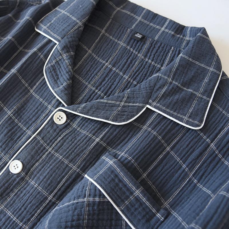 New Men's Plaid Home Service Suit 100% Cotton Crepe Cloth Pajamas Long-sleeved Trousers Simple Two-color Plus Size Home Service
