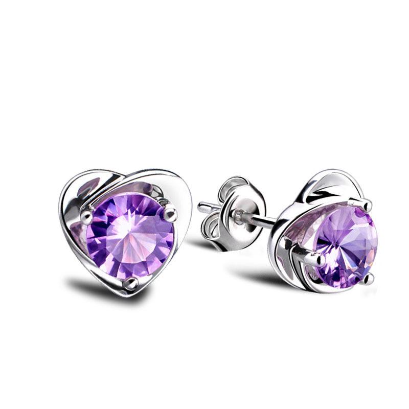 Sterling Silver Garnet Red Heart Stud Earrings - Korean Style