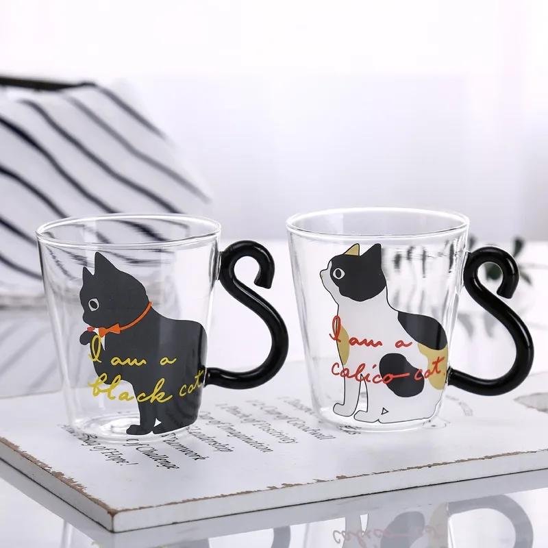 250ml kreslený kočičí skleněný hrnek 3D kočičí ocas vysoce borosilikátový žáruvzdorný skleněný hrnek pro domácnost, snídaňový mléko, džus, kávový hrnek