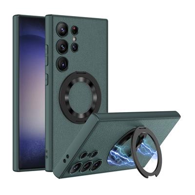 Magnetic Bracket Leather Case For Samsung Galaxy S24 Ultra Plus 5G lRing Cover, Camera Lens Protection, Shockproof Phone Cases