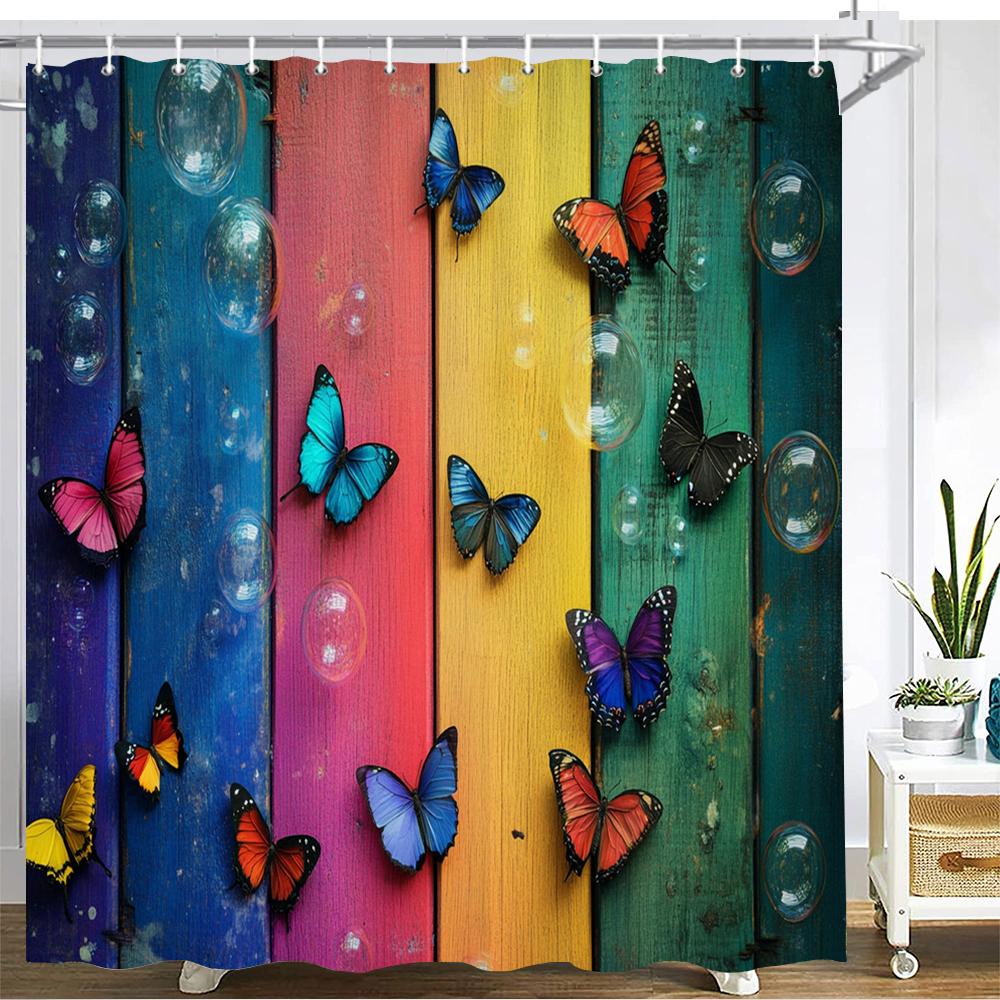 

Colorful Striped Butterfly Style Shower Curtain Bath Curtain Flower Printed Bathroom Curtains For Home Decoration Curtain W60H190(CM)-1 Pcs