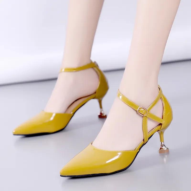 Fashion Womens Shoes Brand Yellow Open Toe Comfort Mid Heel Pumps Spring Summer High Heel Party Banquet Shoes Lady Elegant Black Sandals