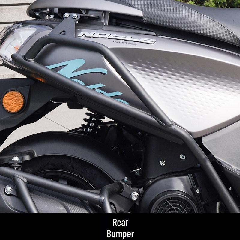 Qianjiang Qiaoyue 110 Front & Rear Bumper Guard, Exhaust Pipe Guard, Backrest, and Luggage Rack Accessories.