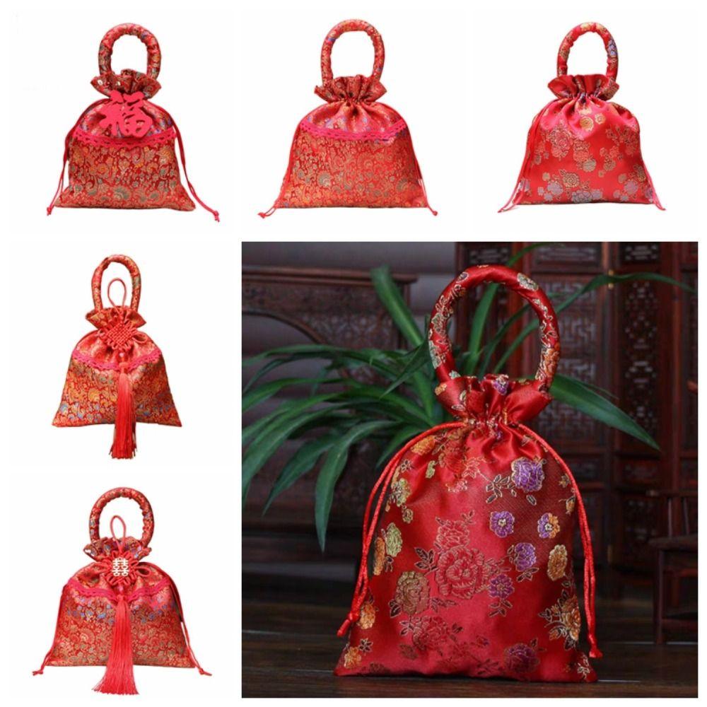 Süße chinesische Blumen-Kordelzugtasche Süßigkeitenaufbewahrung Party Festliche Zuckertüte Hochzeit Rote Tasche Neujahrs-Eimer-Tasche Party