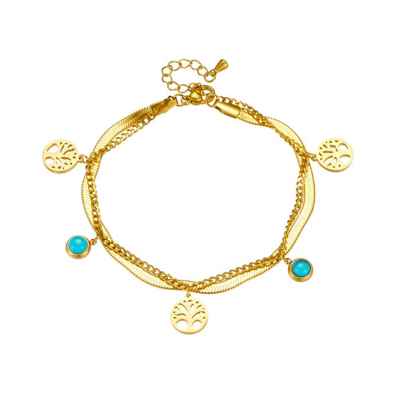 Fashionable Niche Retro High-end Light Luxury Turquoise Tree of Life Round Pendant Double-layer Titanium Steel Bracelet