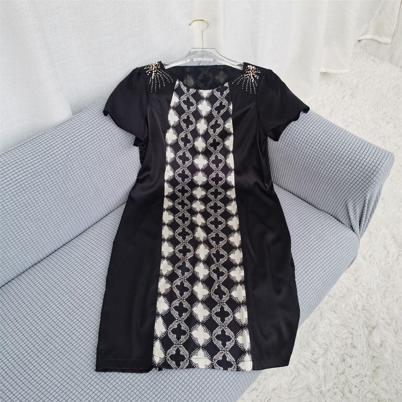 

Clearance Special Offer Mulberry Silk Dress Real Silk Spandex Silk Satin Short Sleeve Handmade Beaded Classic Style Silm Temperament Dress Black and White XL