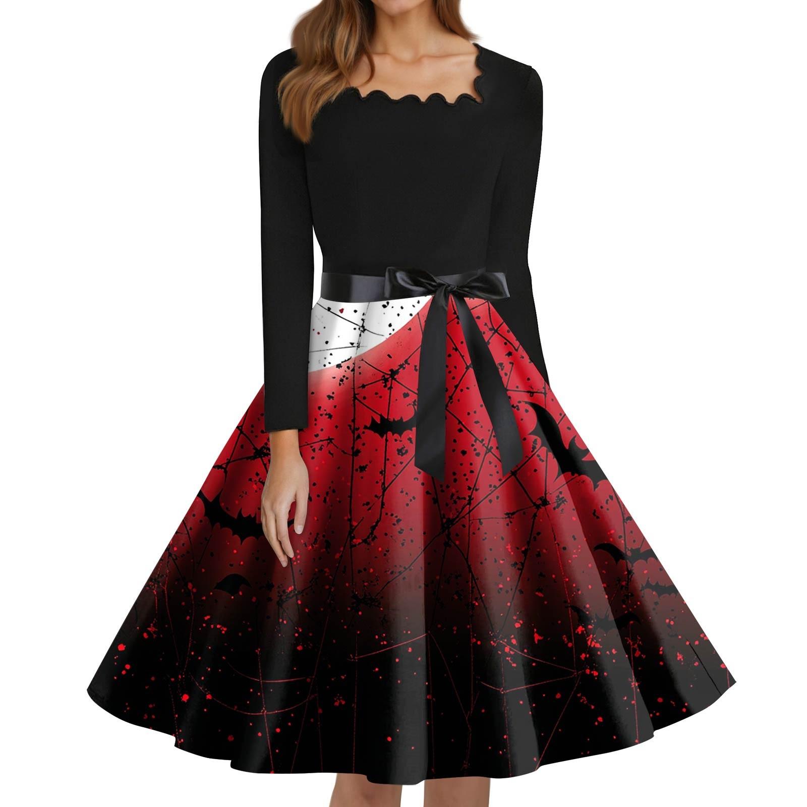 

Women s Fashion Square Neck Casual Slim Halloween Printed Long Sleeve Dresses M винный
