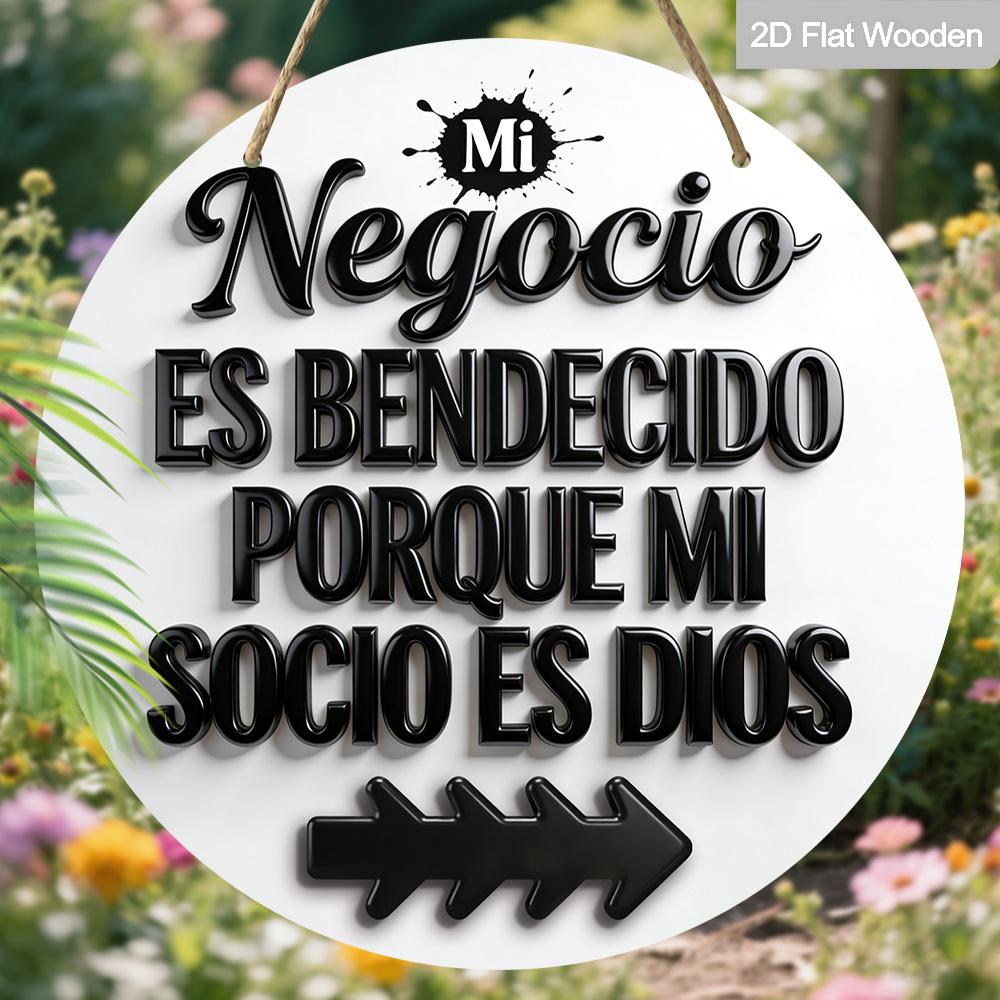 2D Flat Mi Negocio Es Bendecido Porque Mi Socio Es Dios 2D Flat Round Wooden Hanging Sign, Christian Business Decor, Religious Gift for 20cm