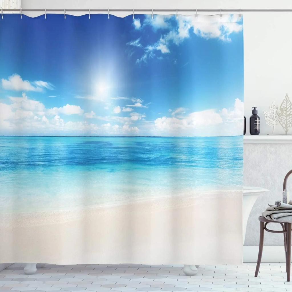 Seaside Ocean Shower Curtain Summer Beach Water Palm Tree Hawaii Landscape Fabric Bathroom Decor Curtains With Hooks Blue Green