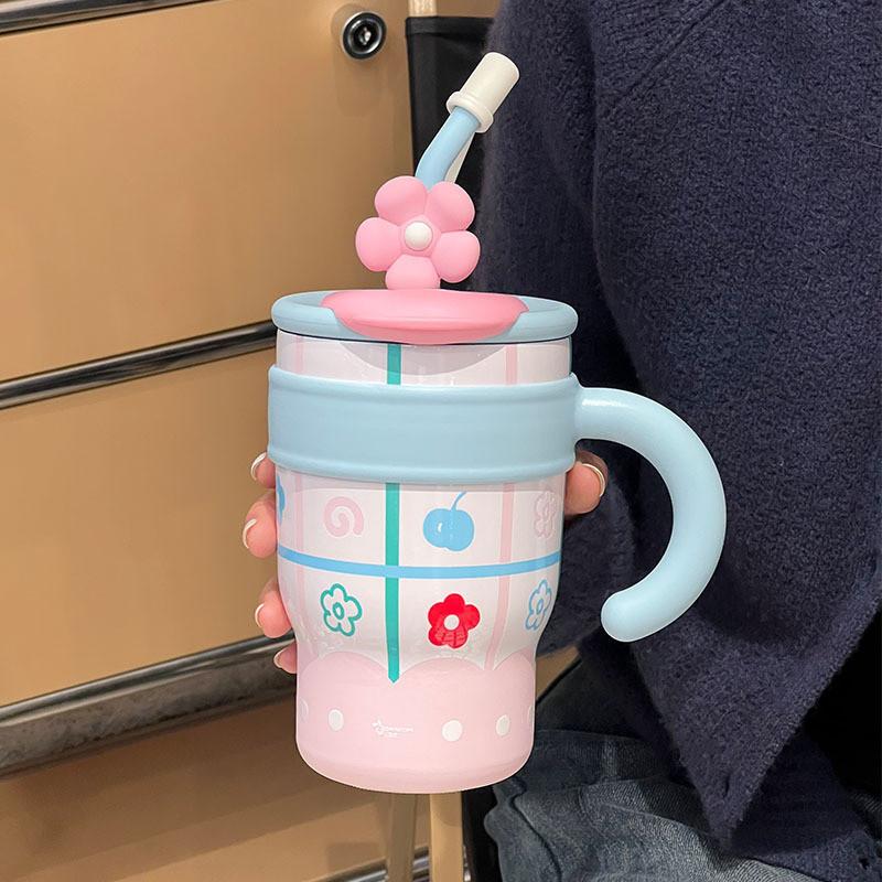 Cute Cartoon Insulated Travel Mug With Handle For Office And Outdoor Use