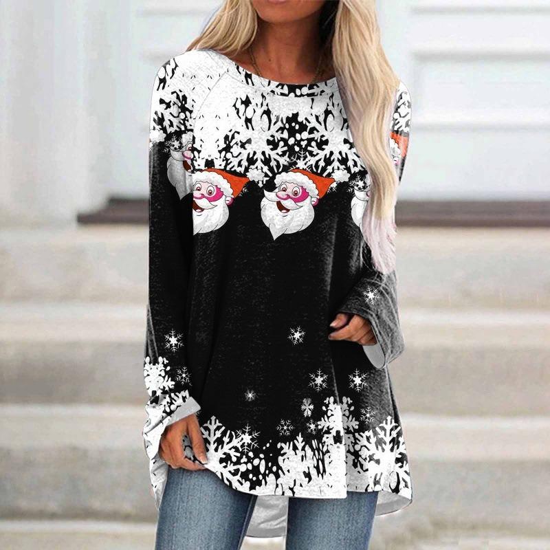 Womens Christmas Santa Claus Snowflake Print Long Sleeve Tunic Top Casual Loose T Shirt S