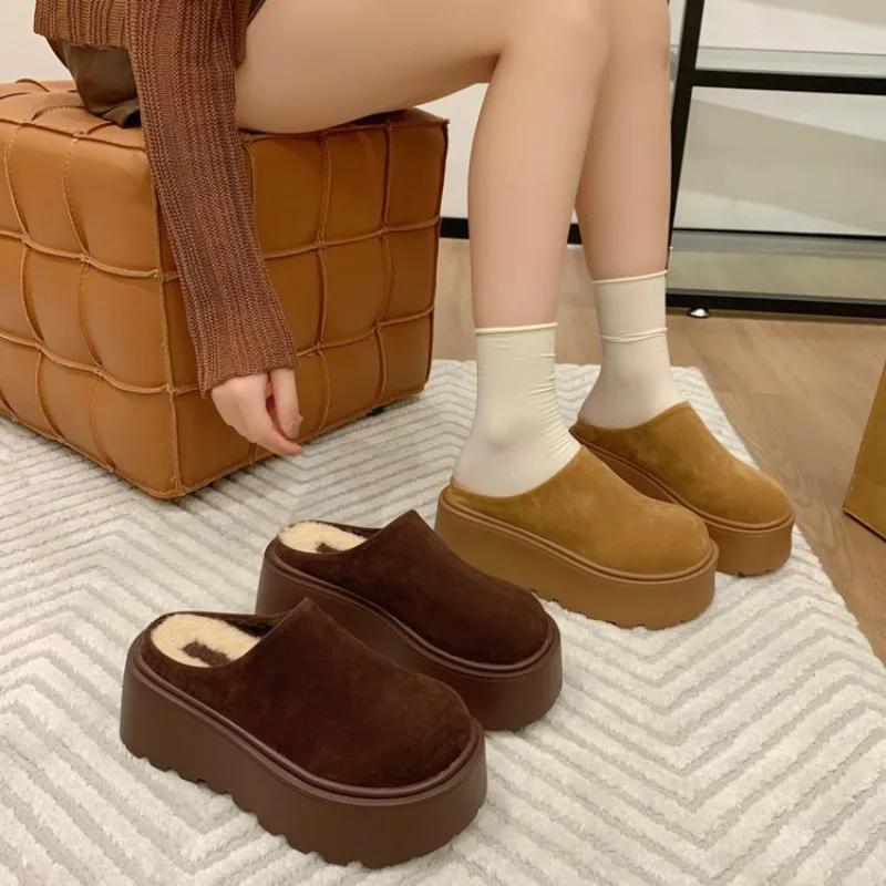 Fashion Winter Retro Round Toe Slippers Women's Thick Sole Slippers Fashion Warm Ladies Outer Wear Slippers Female Shoes