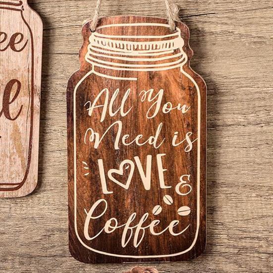 Coffee Bar Accessories 4Pcs Wooden Wall Sign, Farmhouse Rustic Mason Jar Hanging Restaurant Decorative Wood Plaque Decoration, Art for Cafe