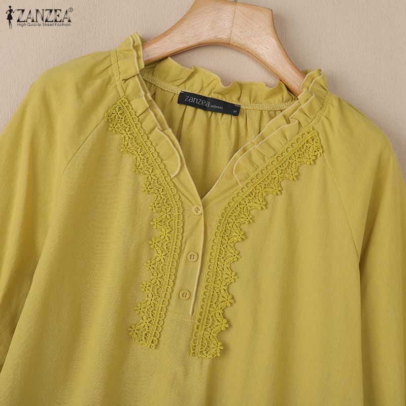 ZANZEA Women Lace Crochet Patchwork V-Neck Casual Long Sleeve Blouse