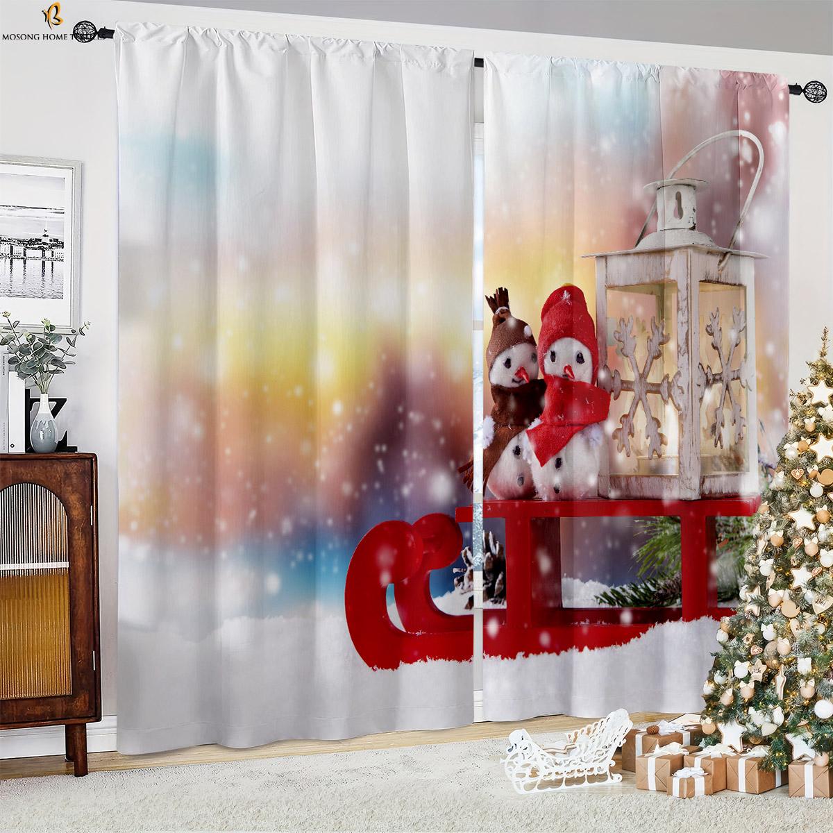 

Set Of 2 Christmas Curtains Santa Claus Snowflake Ball Bedroom Restaurant New Year Holiday Party Decoration Curtain Polyester Ideal For Decor W100*H130(CM)-Hooks&2PCS