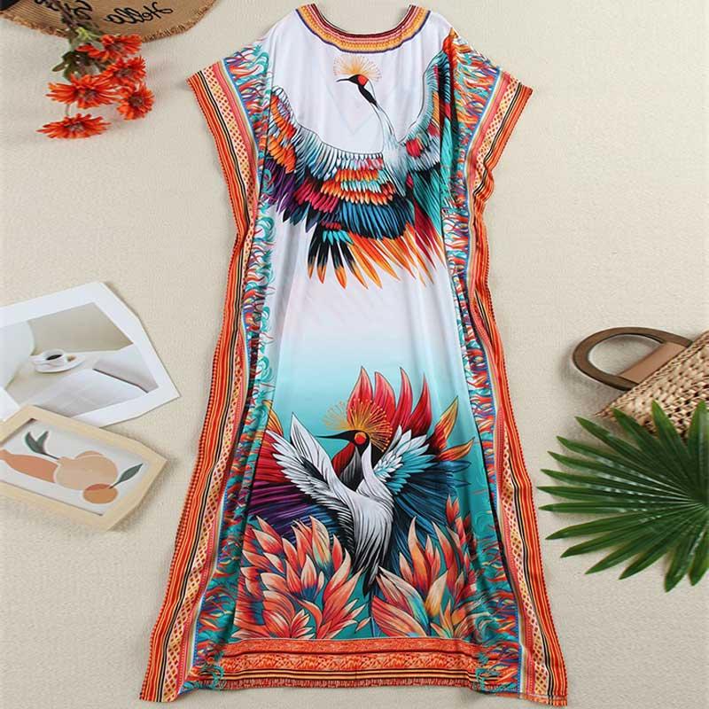 EDOLYNSA Sexy zahalení do plavek Velká velikost Kaftan 2024 Ženy Elegantní jeřábový potisk Plážové šaty s výstřihem do V Netopýr s rukávem Letní útulné domácí oblečení Q16744