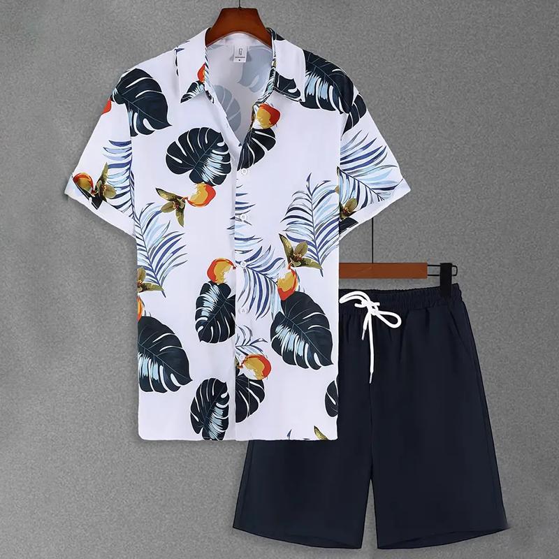 Stylish Lapel Button-Down Shirt Shorts Set Summer Men's Short-Sleeved Shirt Drawstring Shorts 2-Piece 3D Leaf Print Travel Suit