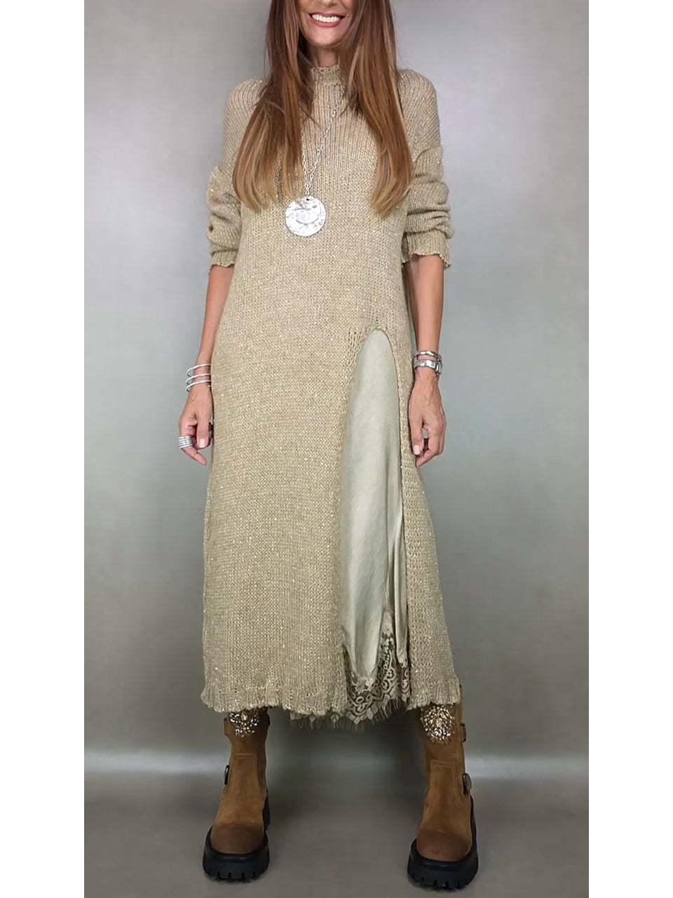 European Autumn Lace Camisole & Split Hem Knit Dress Set 2025 2XL хаки