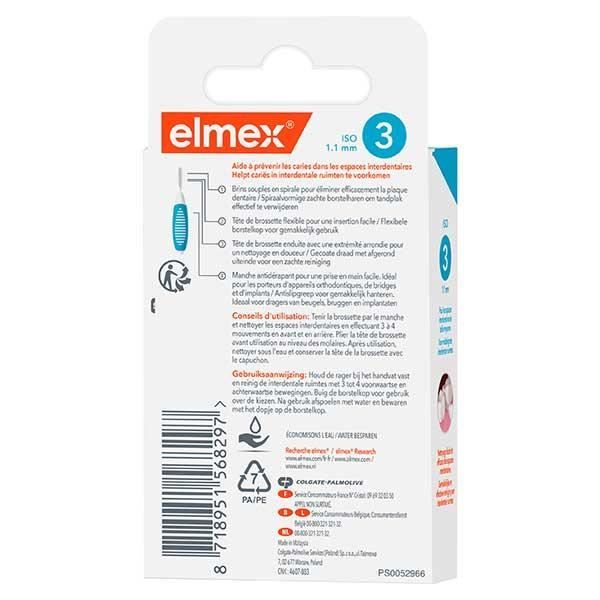Interdental Brushes - ELMEX - Size 3 - 1.1mm - Pack of 8 - Flexible Spiral Bristles