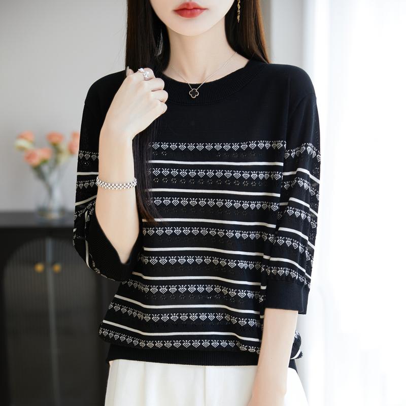 Women Knit T-shirt MODERN NEW SAGA Summer Knitted Shirt Short Sleeve Tees O-neck Patchwork Pullover Knit Tops