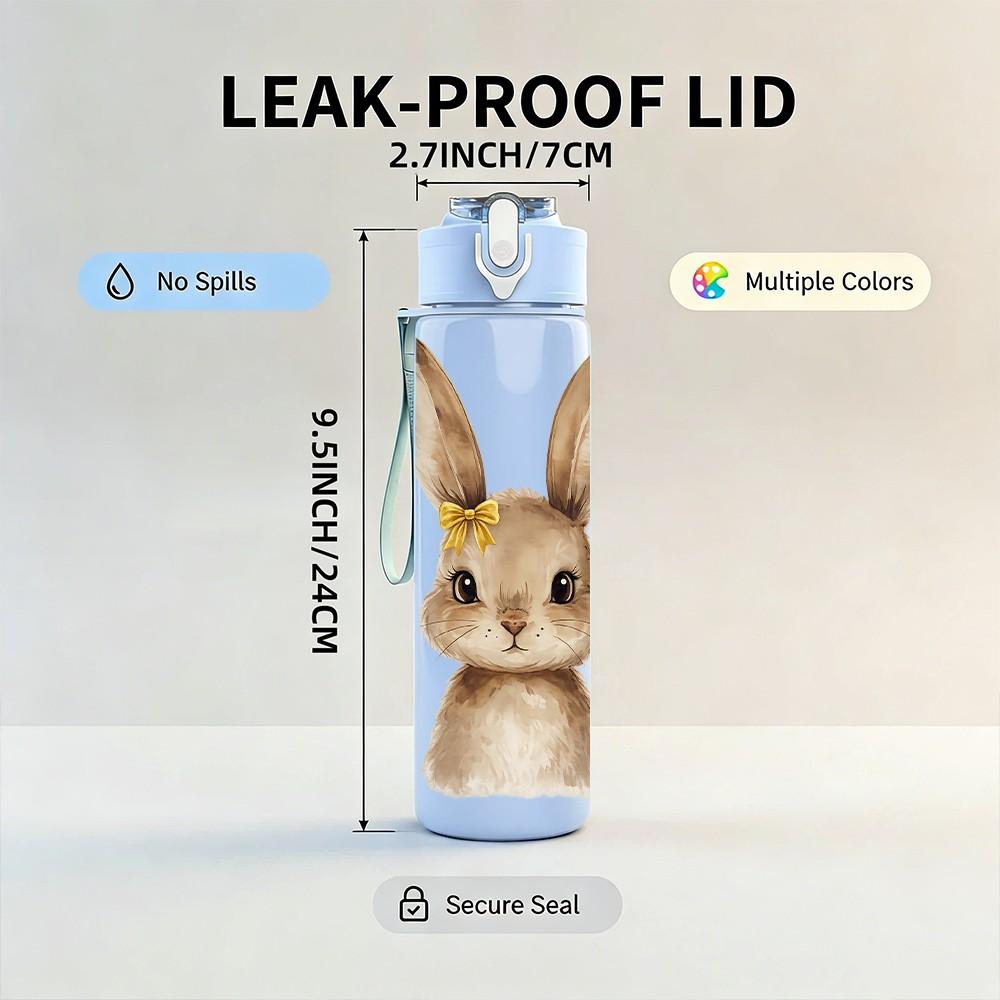 1PC Cute Long Ear Bunny Rabbit Portrait Print 750ml Color Plastic Sports Water Bottle Leakproof Flip Straw Lid Suitable for Sports Office Home Use