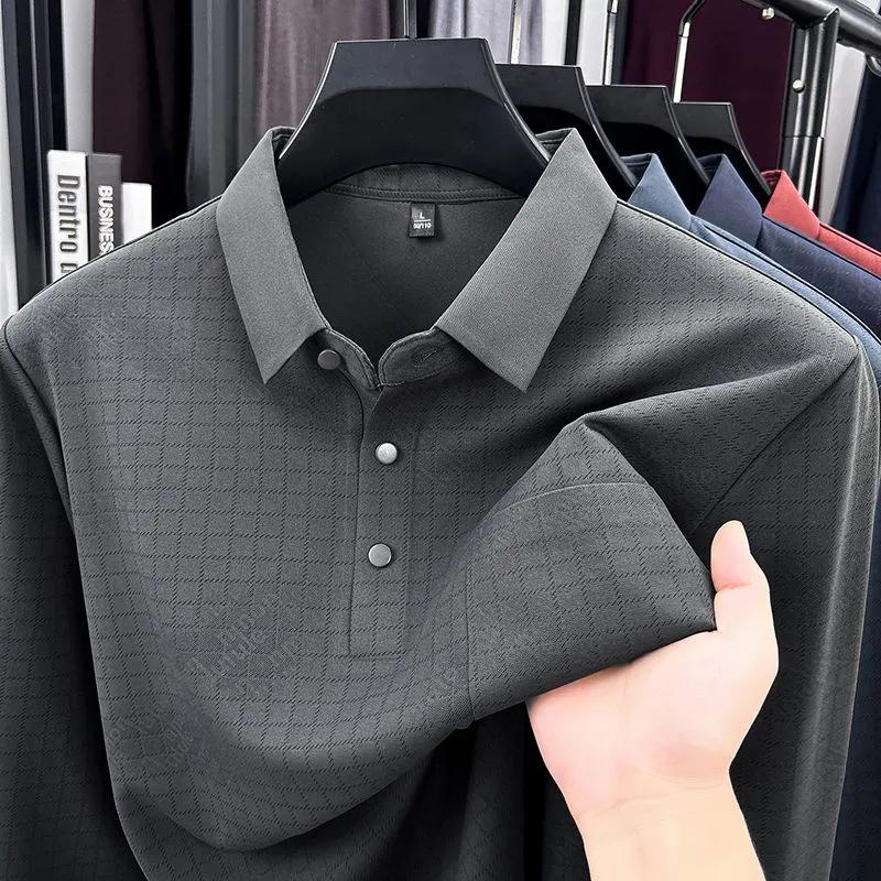 Men Lapel Collar Jacquard Long Sleeve Polo Shirt Button Placket Business Casual Top