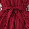 2025 Summer Girls' Solid Color Stripe Ruffle Dress with Belt