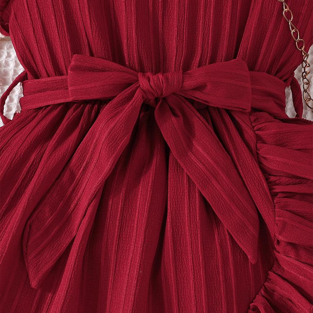 2025 Summer Girls' Solid Color Stripe Ruffle Dress with Belt