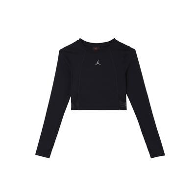 Solid Color Logo Round Neck Pullover Long Sleeve Crop Fitness Top Women Tops Black DQ4397-010