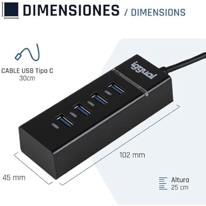 Hub USB - IGGUAL - 4 Ports USB 3.0 - Vitesse 5 Gbit/s - Couleur Noir - Type USB-A