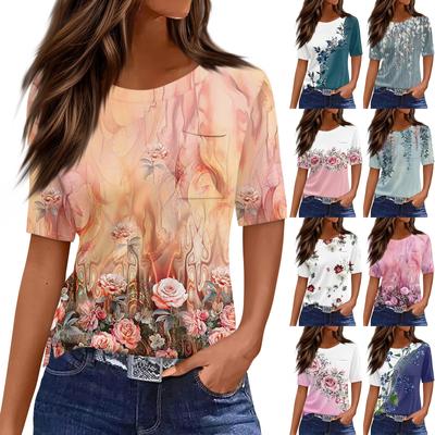 T Shirts For Women Pleated Round Neck Dressy Casual Blouses Printing Short Sleeve Summer Tops Loose Fit