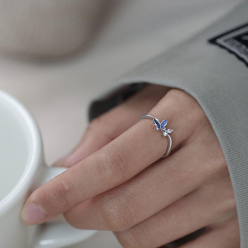 Ladies Adjustable Zircon Blue Butterfly Open Rings Jewelry