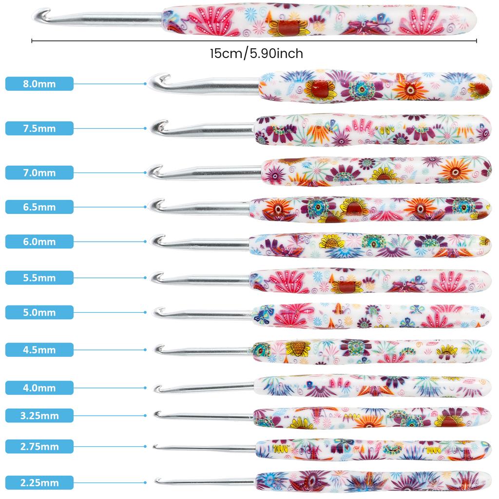 Metal Sunflower Print Crochet Hooks Set In Case Ergonomic Soft Rubber Grip Handle Gift for Beginners Wool Crafts Knitting Tools